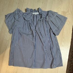 HUNTER BELL Navy and White Striped Ruffle Tie-Neck Blouse